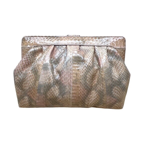 Vintage 80s J. Renee Beige Snake-Embossed Gold Accent Crossbody Clutch Bag Sz M - Picture 4 of 14